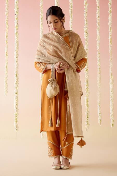 Nero India Orange Kurta And Pant Chanderi Embroidered Dori Keyhole Straight Set 