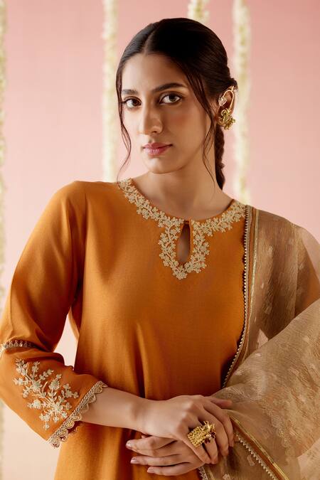 Buy_Nero India_Orange Chanderi, Viscose Embroidery, Tassels Dori Straight Kurta Pant Set_Online_at_Aza_Fashions