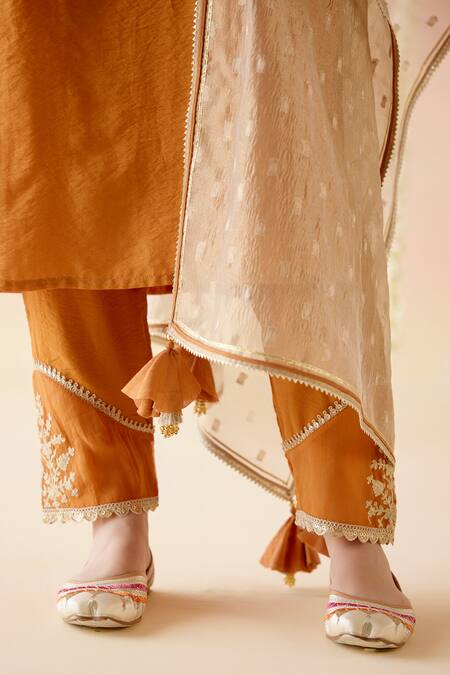 Shop_Nero India_Orange Chanderi, Viscose Embroidery, Tassels Dori Straight Kurta Pant Set_Online_at_Aza_Fashions