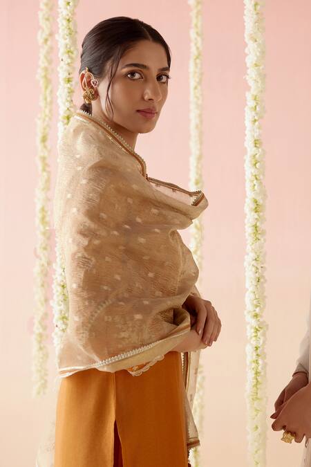 Shop_Nero India_Orange Chanderi, Viscose Embroidery, Tassels Dori Straight Kurta Pant Set