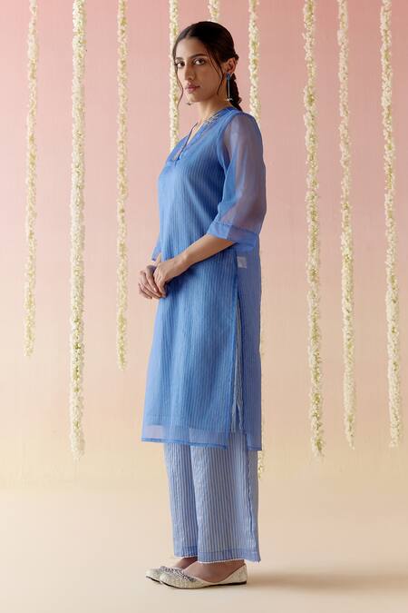 Nero India_Blue Viscose, Organza, Crepe Embroidery V-neck Knot Kurta And Pant Set_Online_at_Aza_Fashions
