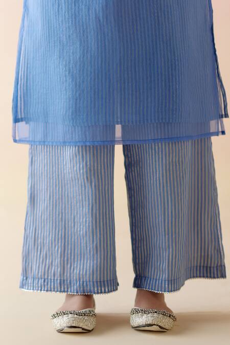 Nero India_Blue Viscose, Organza, Crepe Embroidery V-neck Knot Kurta And Pant Set_at_Aza_Fashions