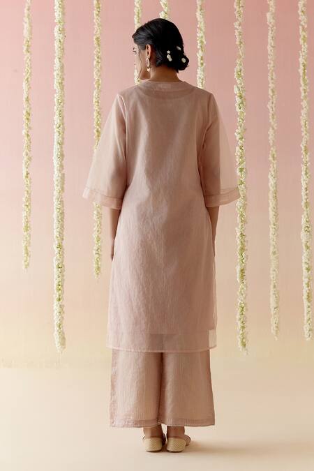 Shop Nero India Pink Viscose, Organza, Tissue Embroidery V-neck Floral Kurta And Pant Set at Aza Fashions Shop_Nero India_Pink Viscose, Organza, Tissue Embroidery V-neck Floral Kurta And Pant Set_at_Aza_Fashions