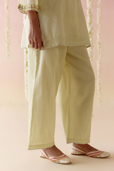 Buy Nero India Yellow Crepe Embroidery, Lace Split V-neck Thread Kurta With Pant Online at Aza Fashions Buy_Nero India_Yellow Crepe Embroidery, Lace Split V-neck Thread Kurta With Pant _Online_at_Aza_Fashions