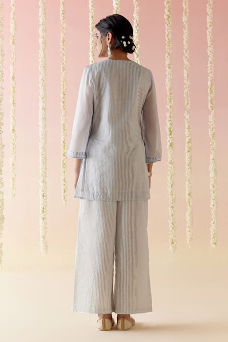 Shop Nero India Blue Crepe, Tissue Lace, Embroidery Split V-neck Kurta With Pant at Aza Fashions Shop_Nero India_Blue Crepe, Tissue Lace, Embroidery Split V-neck Kurta With Pant _at_Aza_Fashions