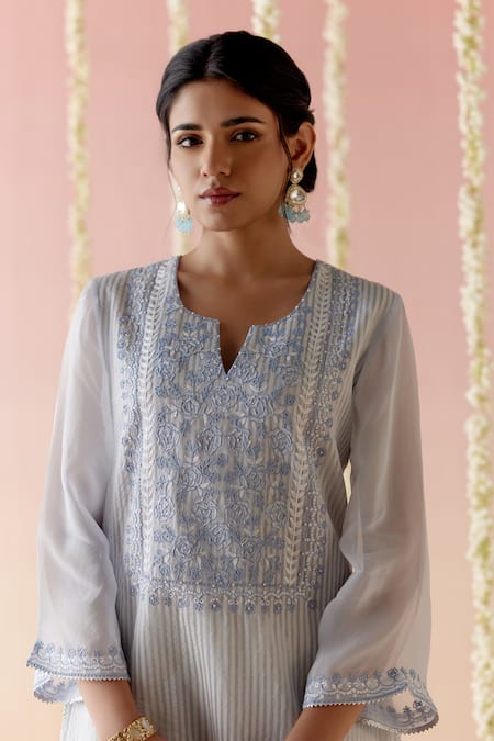 Nero India Blue Crepe, Tissue Lace, Embroidery Split V-neck Kurta With Pant Online at Aza Fashions Nero India_Blue Crepe, Tissue Lace, Embroidery Split V-neck Kurta With Pant _Online_at_Aza_Fashions