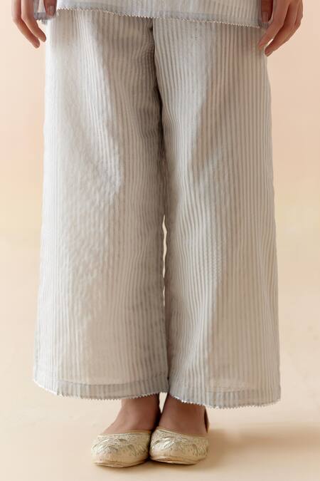 Shop Nero India Blue Crepe, Tissue Lace, Embroidery Split V-neck Kurta With Pant Online at Aza Fashions Shop_Nero India_Blue Crepe, Tissue Lace, Embroidery Split V-neck Kurta With Pant _Online_at_Aza_Fashions