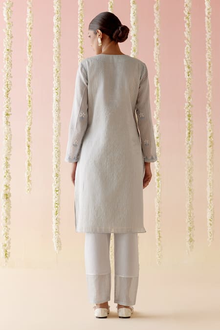 Shop Nero India Blue Crepe, Chanderi Lace, Embroidery Split V-neck Kurta And Pant Set at Aza Fashions Shop_Nero India_Blue Crepe, Chanderi Lace, Embroidery Split V-neck Kurta And Pant Set _at_Aza_Fashions