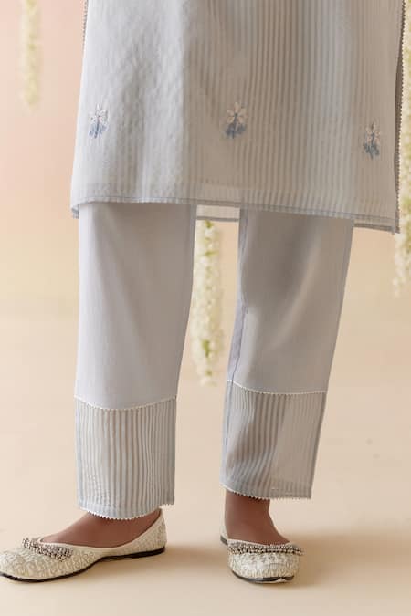 Shop Nero India Blue Crepe, Chanderi Lace, Embroidery Split V-neck Kurta And Pant Set Online at Aza Fashions Shop_Nero India_Blue Crepe, Chanderi Lace, Embroidery Split V-neck Kurta And Pant Set _Online_at_Aza_Fashions