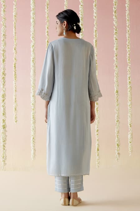 Shop Nero India Blue Tissue Lace, Embroidery V-neck Aari Kurta With Pant at Aza Fashions Shop_Nero India_Blue Tissue Lace, Embroidery V-neck Aari Kurta With Pant _at_Aza_Fashions