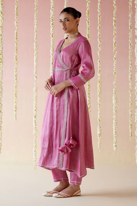 Nero India_Pink Tissue Lace, Embroidery V-neck Aari Angarkha With Pant _Online_at_Aza_Fashions