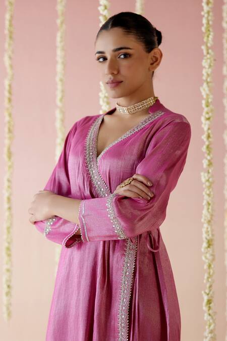 Buy_Nero India_Pink Tissue Lace, Embroidery V-neck Aari Angarkha With Pant _Online_at_Aza_Fashions