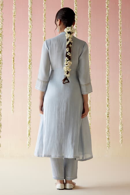 Shop Nero India Blue Tissue Lace, Embroidery V-neck Aari Angarkha With Pant at Aza Fashions Shop_Nero India_Blue Tissue Lace, Embroidery V-neck Aari Angarkha With Pant _at_Aza_Fashions