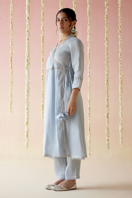 Nero India Blue Tissue Lace, Embroidery V-neck Aari Angarkha With Pant Online at Aza Fashions Nero India_Blue Tissue Lace, Embroidery V-neck Aari Angarkha With Pant _Online_at_Aza_Fashions