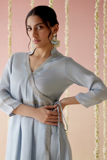 Buy Nero India Blue Tissue Lace, Embroidery V-neck Aari Angarkha With Pant Online at Aza Fashions Buy_Nero India_Blue Tissue Lace, Embroidery V-neck Aari Angarkha With Pant _Online_at_Aza_Fashions