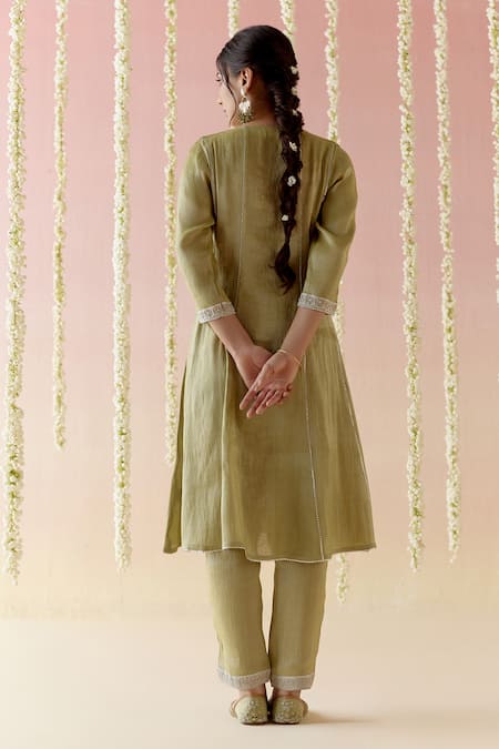 Shop Nero India Green Tissue Diamonds, Embroidery Split V-neck Lace Anarkali And Pant Set at Aza Fashions Shop_Nero India_Green Tissue Diamonds, Embroidery Split V-neck Lace Anarkali And Pant Set _at_Aza_Fashions