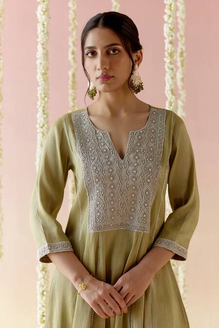 Buy Nero India Green Tissue Diamonds, Embroidery Split V-neck Lace Anarkali And Pant Set Online at Aza Fashions Buy_Nero India_Green Tissue Diamonds, Embroidery Split V-neck Lace Anarkali And Pant Set _Online_at_Aza_Fashions