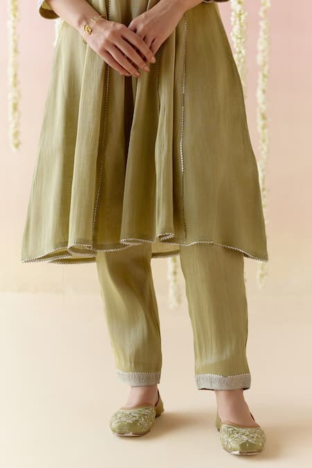 Shop Nero India Green Tissue Diamonds, Embroidery Split V-neck Lace Anarkali And Pant Set Online at Aza Fashions Shop_Nero India_Green Tissue Diamonds, Embroidery Split V-neck Lace Anarkali And Pant Set _Online_at_Aza_Fashions