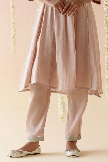 Nero India Pink Tissue Embroidery, Lace Split V-neck Anarkali With Pant Online at Aza Fashions Nero India_Pink Tissue Embroidery, Lace Split V-neck Anarkali With Pant _Online_at_Aza_Fashions