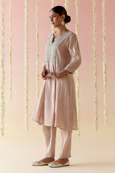 Buy Nero India Pink Tissue Embroidery, Lace Split V-neck Anarkali With Pant Online at Aza Fashions Buy_Nero India_Pink Tissue Embroidery, Lace Split V-neck Anarkali With Pant _Online_at_Aza_Fashions