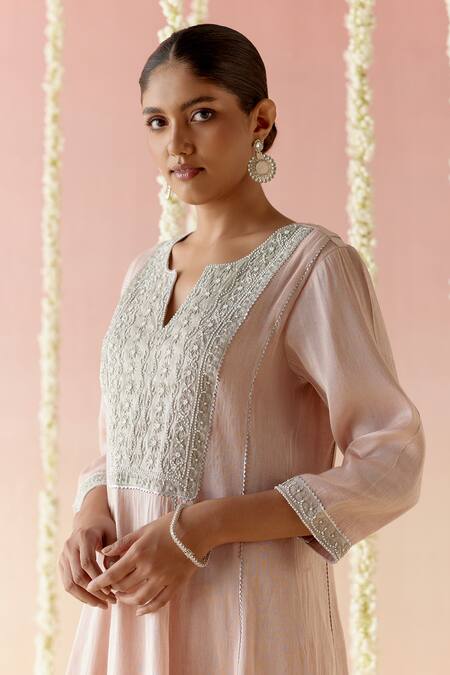 Shop Nero India Pink Tissue Embroidery, Lace Split V-neck Anarkali With Pant Online at Aza Fashions Shop_Nero India_Pink Tissue Embroidery, Lace Split V-neck Anarkali With Pant _Online_at_Aza_Fashions