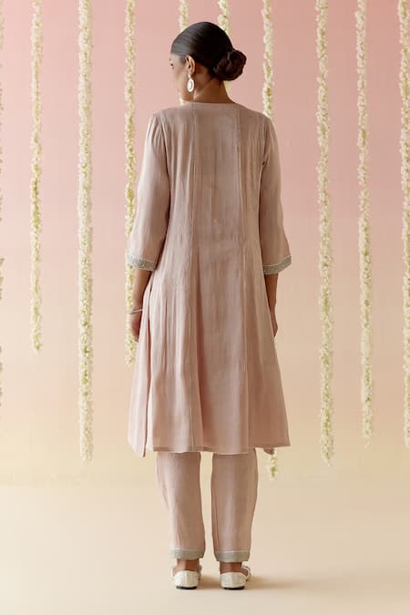 Shop Nero India Pink Tissue Embroidery, Lace Split V-neck Anarkali With Pant at Aza Fashions Shop_Nero India_Pink Tissue Embroidery, Lace Split V-neck Anarkali With Pant _at_Aza_Fashions