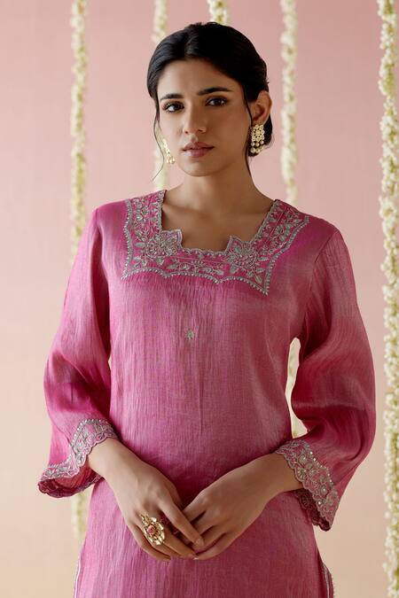 Buy Nero India Pink Tissue Lace, Embroidery Asymmetric Aari Kurta With Pant Online at Aza Fashions Buy_Nero India_Pink Tissue Lace, Embroidery Asymmetric Aari Kurta With Pant _Online_at_Aza_Fashions