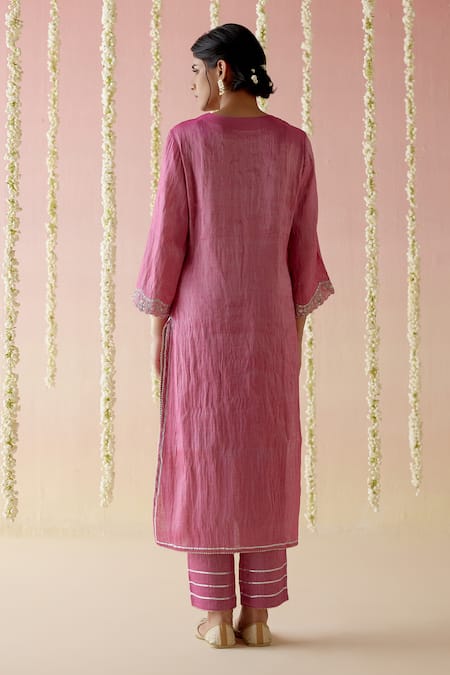 Shop Nero India Pink Tissue Lace, Embroidery Asymmetric Aari Kurta With Pant at Aza Fashions Shop_Nero India_Pink Tissue Lace, Embroidery Asymmetric Aari Kurta With Pant _at_Aza_Fashions