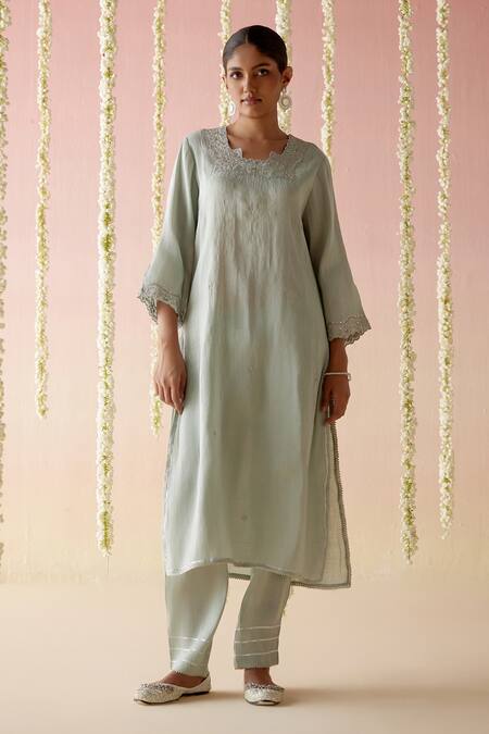 Nero India Blue Tissue Lace Aari Embroidered Kurta And Pant Set Online at Aza Fashions Nero India_Blue Tissue Lace Aari Embroidered Kurta And Pant Set _Online_at_Aza_Fashions