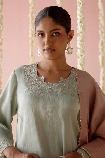 Shop Nero India Blue Tissue Lace Aari Embroidered Kurta And Pant Set Online at Aza Fashions Shop_Nero India_Blue Tissue Lace Aari Embroidered Kurta And Pant Set _Online_at_Aza_Fashions