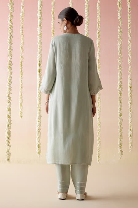 Shop Nero India Blue Tissue Lace Aari Embroidered Kurta And Pant Set at Aza Fashions Shop_Nero India_Blue Tissue Lace Aari Embroidered Kurta And Pant Set _at_Aza_Fashions