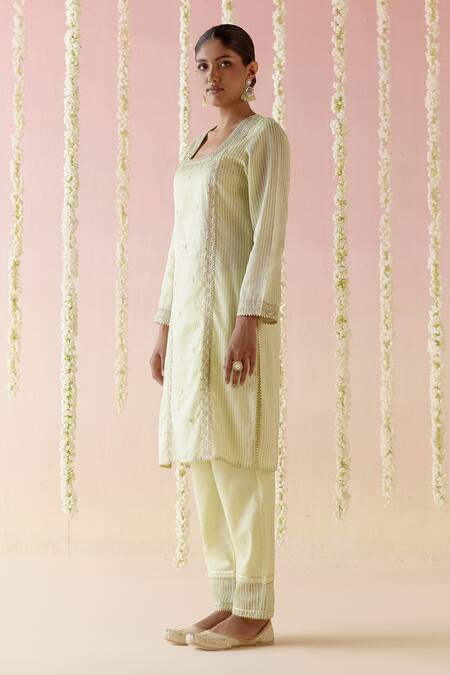 Nero India Green Crepe, Chanderi Lace, Embroidery Square Neck Aari Kurta Set Online at Aza Fashions Nero India_Green Crepe, Chanderi Lace, Embroidery Square Neck Aari Kurta Set _Online_at_Aza_Fashions