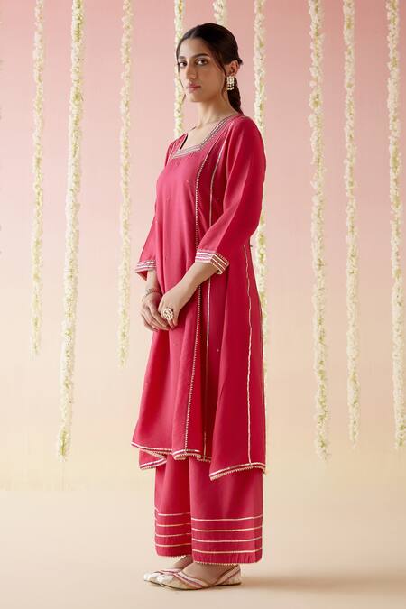 Shop Nero India Pink Chanderi Gota Patti, Embroidery Collared Lace Aari Kurta And Pant Set Online at Aza Fashions Shop_Nero India_Pink Chanderi Gota Patti, Embroidery Collared Lace Aari Kurta And Pant Set _Online_at_Aza_Fashions