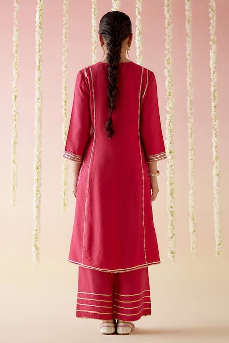 Shop Nero India Pink Chanderi Gota Patti, Embroidery Collared Lace Aari Kurta And Pant Set at Aza Fashions Shop_Nero India_Pink Chanderi Gota Patti, Embroidery Collared Lace Aari Kurta And Pant Set _at_Aza_Fashions