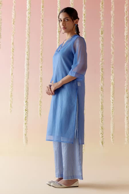 Shop Nero India Blue Viscose, Organza, Crepe Embroidery, Lace French Knot Kurta With Pant at Aza Fashions Shop_Nero India_Blue Viscose, Organza, Crepe Embroidery, Lace French Knot Kurta With Pant _at_Aza_Fashions