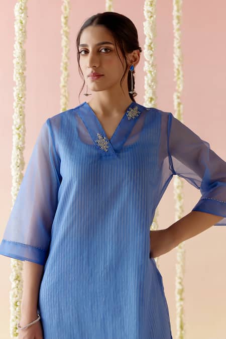 Buy Nero India Blue Viscose, Organza, Crepe Embroidery, Lace French Knot Kurta With Pant Online at Aza Fashions Buy_Nero India_Blue Viscose, Organza, Crepe Embroidery, Lace French Knot Kurta With Pant _Online_at_Aza_Fashions