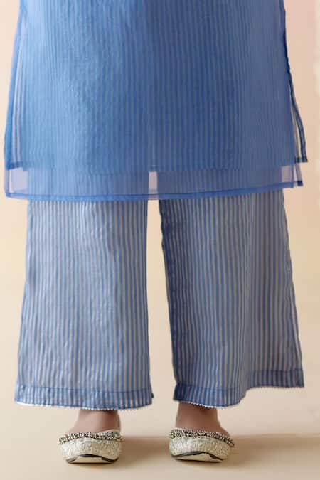 Shop Nero India Blue Viscose, Organza, Crepe Embroidery, Lace French Knot Kurta With Pant Online at Aza Fashions Shop_Nero India_Blue Viscose, Organza, Crepe Embroidery, Lace French Knot Kurta With Pant _Online_at_Aza_Fashions