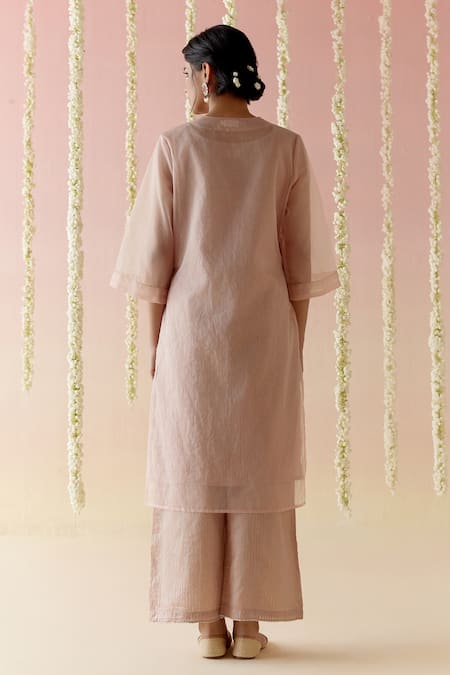Shop Nero India Pink Viscose, Organza Lace, Embroidery V-neck French Knot Kurta And Pant Set at Aza Fashions Shop_Nero India_Pink Viscose, Organza Lace, Embroidery V-neck French Knot Kurta And Pant Set _at_Aza_Fashions