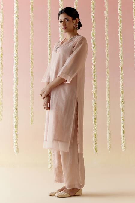 Buy Nero India Pink Viscose, Organza Lace, Embroidery V-neck French Knot Kurta And Pant Set Online at Aza Fashions Buy_Nero India_Pink Viscose, Organza Lace, Embroidery V-neck French Knot Kurta And Pant Set _Online_at_Aza_Fashions