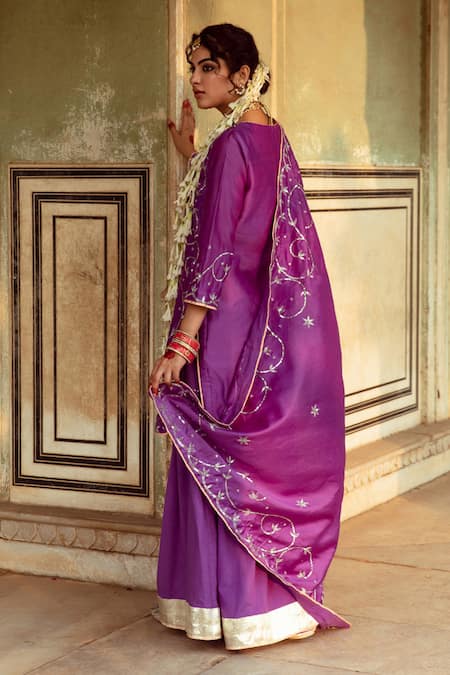 Shop Maison Shefali Purple Cotton, Chanderi Sequins Round Neck Jaal Detailed Kurta Set at Aza Fashions Shop_Maison Shefali_Purple Cotton, Chanderi Sequins Round Neck Jaal Detailed Kurta Set _at_Aza_Fashions