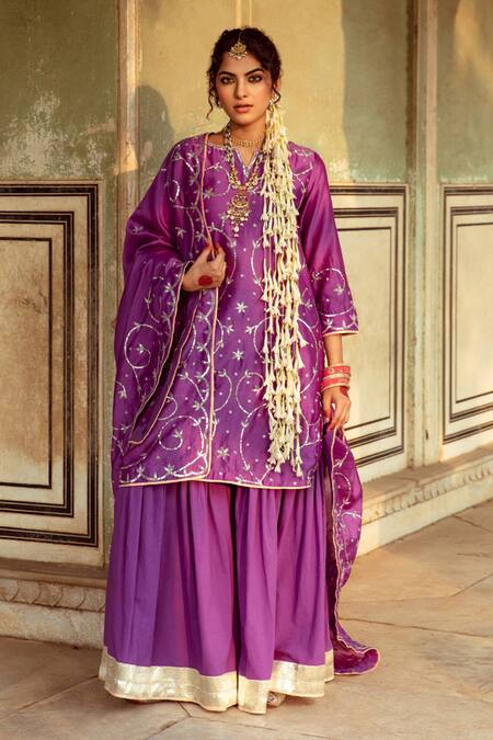 Maison Shefali Purple Cotton, Chanderi Sequins Round Neck Jaal Detailed Kurta Set Online at Aza Fashions Maison Shefali_Purple Cotton, Chanderi Sequins Round Neck Jaal Detailed Kurta Set _Online_at_Aza_Fashions