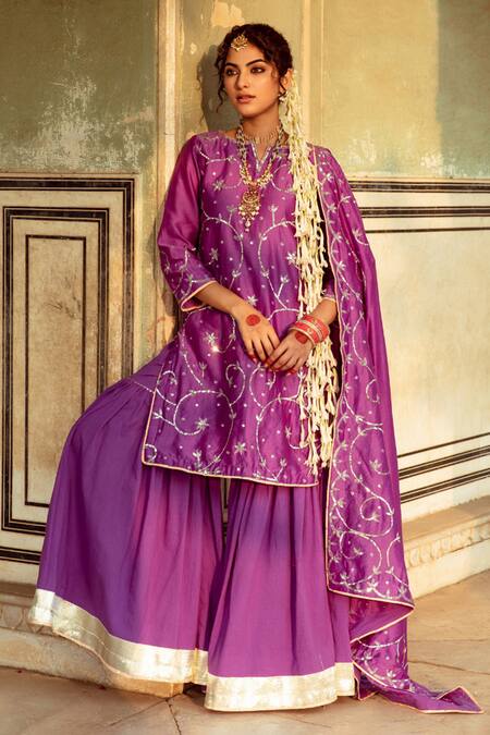Buy Maison Shefali Purple Cotton, Chanderi Sequins Round Neck Jaal Detailed Kurta Set Online at Aza Fashions Buy_Maison Shefali_Purple Cotton, Chanderi Sequins Round Neck Jaal Detailed Kurta Set _Online_at_Aza_Fashions