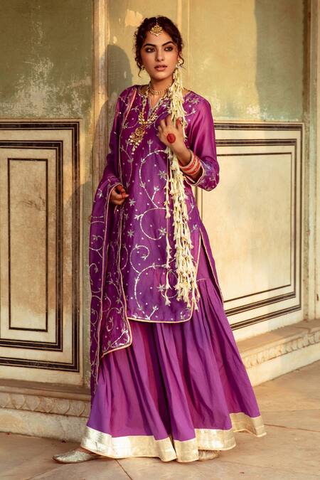 Shop Maison Shefali Purple Cotton, Chanderi Sequins Round Neck Jaal Detailed Kurta Set Online at Aza Fashions Shop_Maison Shefali_Purple Cotton, Chanderi Sequins Round Neck Jaal Detailed Kurta Set _Online_at_Aza_Fashions