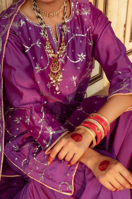 Maison Shefali Purple Cotton, Chanderi Sequins Round Neck Jaal Detailed Kurta Set at Aza Fashions Maison Shefali_Purple Cotton, Chanderi Sequins Round Neck Jaal Detailed Kurta Set _at_Aza_Fashions