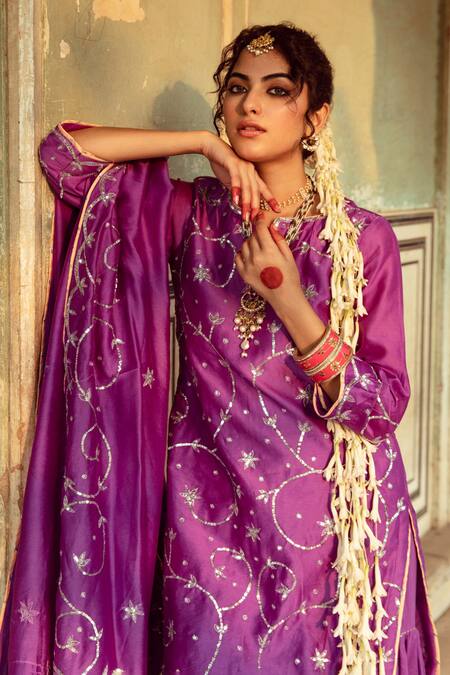 Buy Maison Shefali Purple Cotton, Chanderi Sequins Round Neck Jaal Detailed Kurta Set Buy_Maison Shefali_Purple Cotton, Chanderi Sequins Round Neck Jaal Detailed Kurta Set