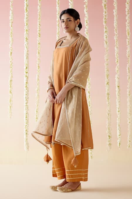 Buy Nero India Brown Chanderi Gota Patti, Applique Lace Aari Embroidered Kurta With Pant Online at Aza Fashions Buy_Nero India_Brown Chanderi Gota Patti, Applique Lace Aari Embroidered Kurta With Pant _Online_at_Aza_Fashions