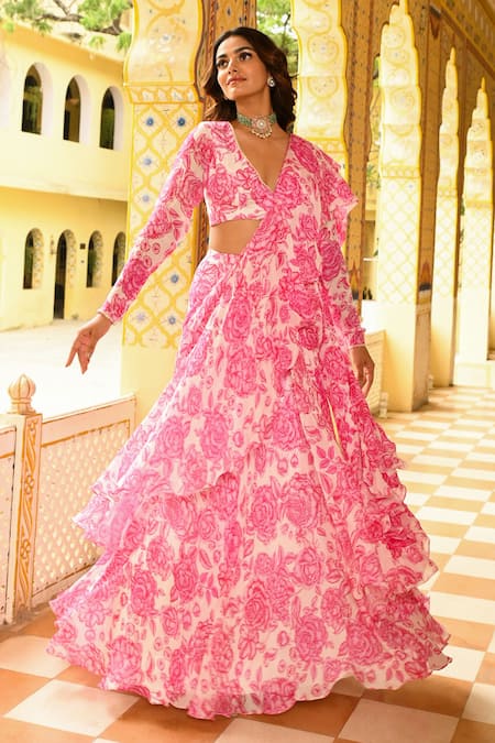 Buy_Sanam_Pink Silk, Chiffon Floral Print Soft Ruffle Pre Draped Saree With Blouse _Online_at_Aza_Fashions