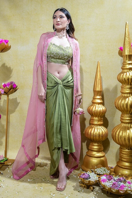 Sheela Suthar Lotus Zardosi Embroidered Cape & Draped Skirt Set 