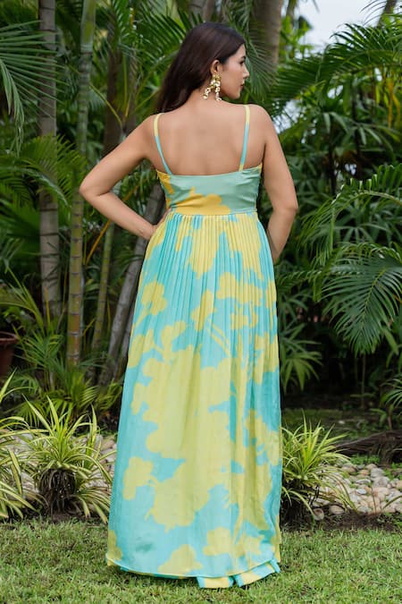 Shop_Saangi_Yellow Chiffon Sweetheart Neck Abstract Print Top With Palazzo _at_Aza_Fashions