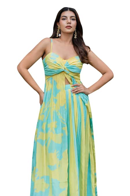 Shop_Saangi_Yellow Chiffon Sweetheart Neck Abstract Print Top With Palazzo _Online_at_Aza_Fashions